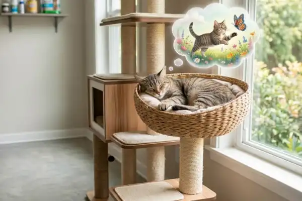 Un chat tigré dort paisiblement dans un panier en osier suspendu à un arbre à chat près d'une fenêtre. Au-dessus de lui, une bulle de rêve illustrée montre le même chat jouant avec un papillon dans une prairie fleurie.