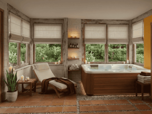 Espace spa privé et lumineux avec un grand jacuzzi en bois, une chaise longue confortable, des bougies allumées et de larges fenêtres donnant sur un jardin verdoyant.