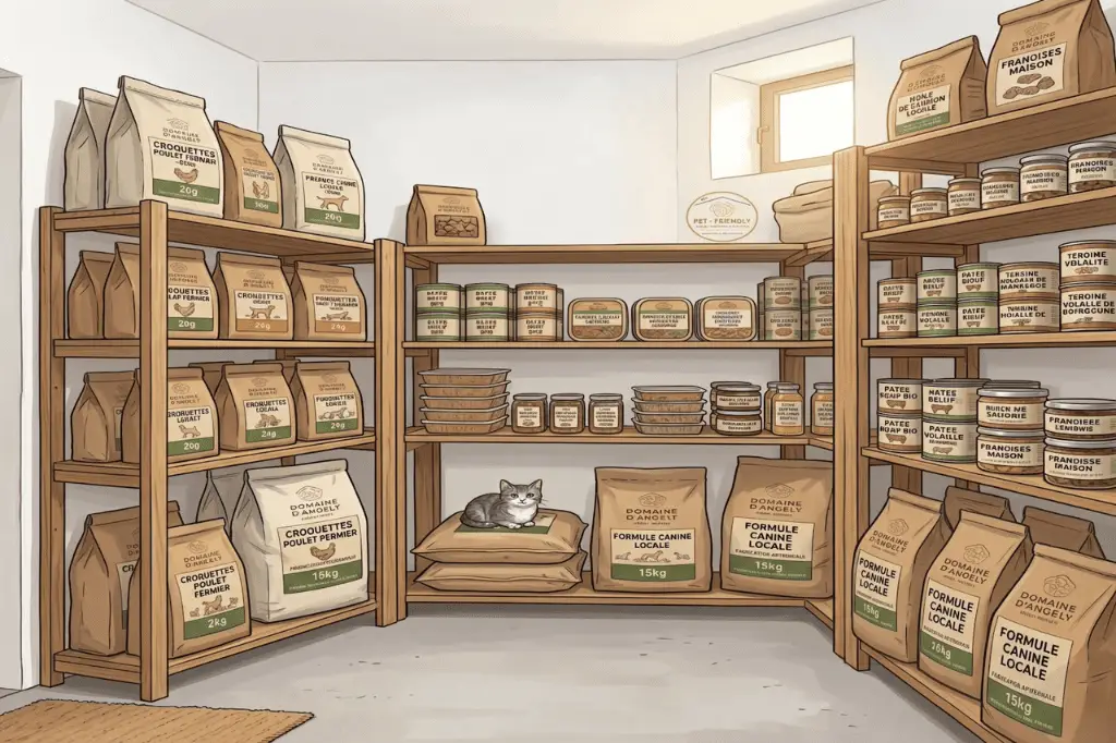 Étagères en bois remplies de sacs de croquettes, de boîtes de pâtée et de bocaux de nourriture pour chiens et chats. Les emballages portent les labels 'Domaine d'Angély' et 'Formule Canine Locale'. Un petit chat gris est assis sur un sac au centre.