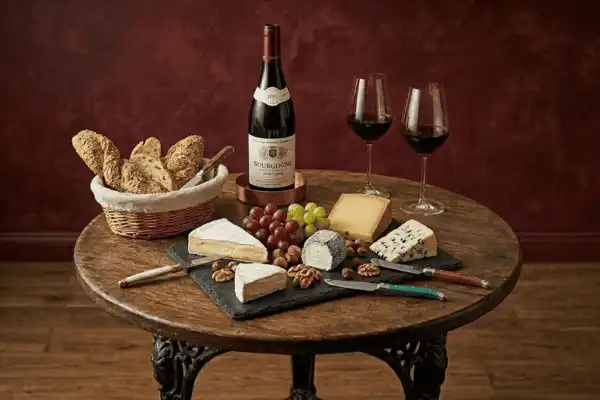 Ardoise de fromages variés (Brie, Chèvre, Bleu, Comté) servie avec du raisin, des noix, une bouteille de vin rouge de Bourgogne, deux verres et une corbeille de pain artisanal.