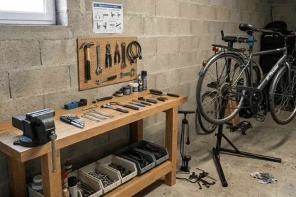 Atelier de réparation de vélos équipé d'un pied d'atelier professionnel, d'un établi en bois avec étau, d'un panneau d'outils complet (clés, pinces, marteau) et d'une pompe à pied.