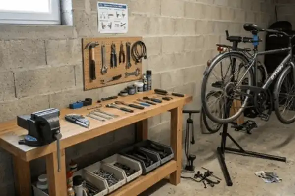 Atelier de mécanique vélo au Domaine d'Angély avec un établi en bois, un étau, un panneau d'outils complet, un pied d'atelier de réparation et une pompe à pied.