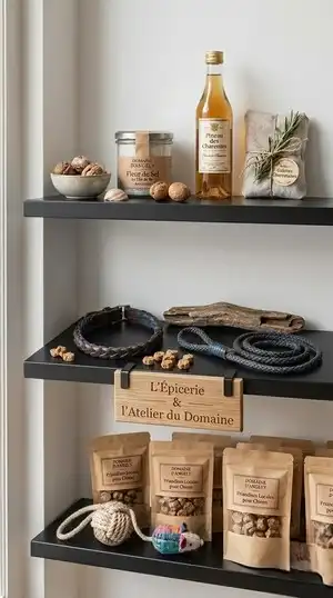 Étagères de la boutique du Domaine d'Angély présentant du Pineau des Charentes, de la fleur de sel, des friandises artisanales pour chiens et des jouets pour chats.