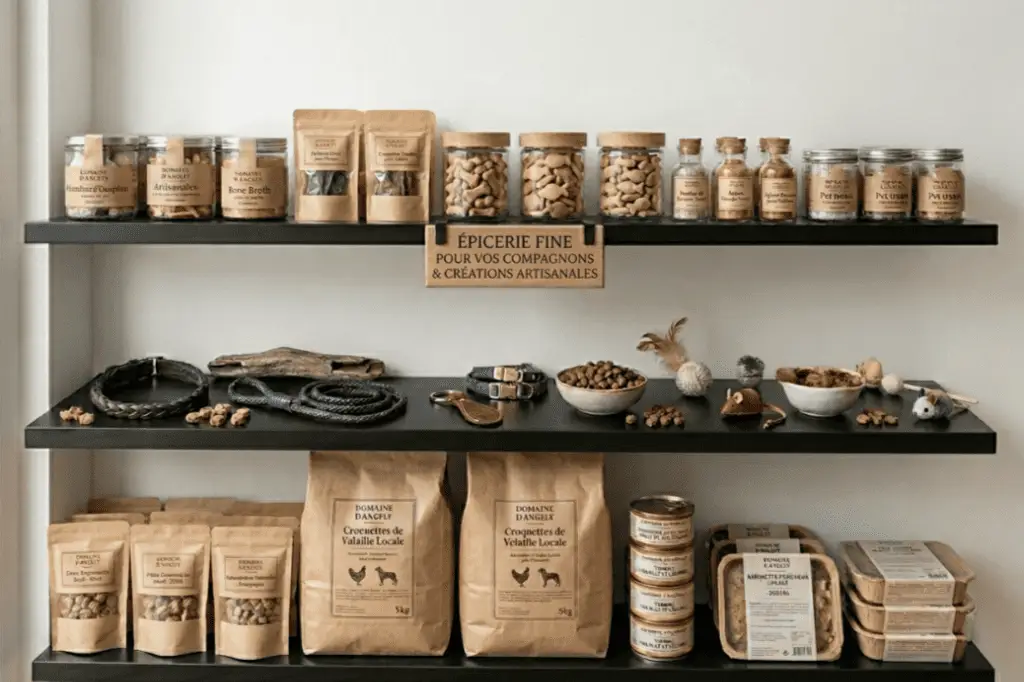 Étagères noires au design épuré présentant une sélection de l'épicerie fine du Domaine d'Angély : bocaux en verre de friandises, sacs de croquettes artisanales, laisses en cuir tressé, jouets pour chats et pâtées premium.