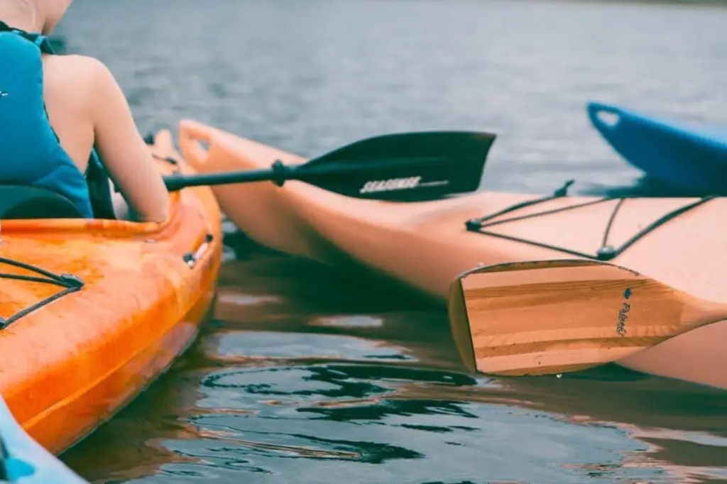 Alignement de canoës kayaks colorés (jaunes et rouges) sur un ponton en bois au bord de la rivière la Boutonne, entouré d'une végétation verdoyante à Saint-Jean-d'Angély.
