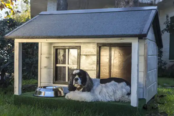 Petit chien Cocker Spaniel couché calmement devant une élégante niche en bois style petite maison, avec une gamelle en métal sur un tapis d'herbe, dans un parc au Domaine d'Angély.