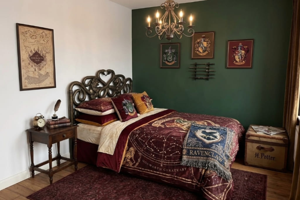 Chambre principale de la suite Harry Potter au Domaine d'Angély : lit double avec tête de lit serpent en bronze, couette bordeaux Poudlard, mur vert émeraude avec blasons des maisons, Carte du Maraudeur encadrée et malle de voyage vintage marquée H. Potter.
