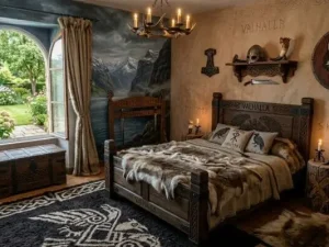 Chambre d'hôte thématique Viking au Domaine d'Angély avec lit en bois sculpté, peaux de bêtes, fresque de fjord norvégien, bouclier au mur et décoration médiévale nordique.