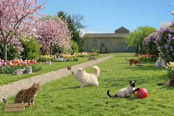 Une photo de plusieurs chats qui s'amusent dans le parc paysager du Domaine d'Angély.