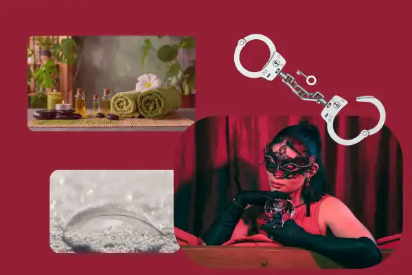 Composition du coffret éveil des sens du Domaine d'Angély : huiles de massage, foulards, jeux coquins, menottes avec clés, masque loup vénitien et plume de caresse sur fond bordeaux.