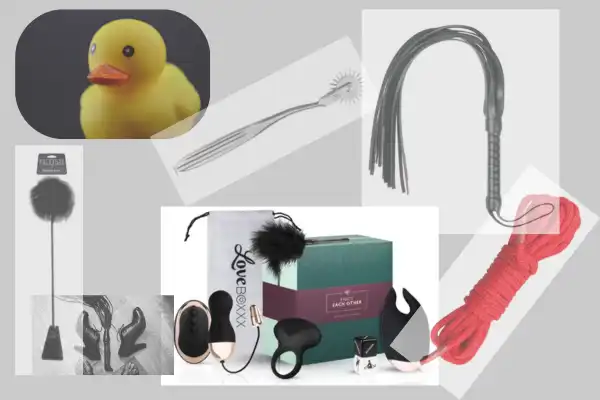 Coffret plaisir osé composé de sextoys pour couple du Domaine d'Angély : sextoy vibrant, œuf de plaisir et accessoires présentés dans un écrin moderne avec éclairage d'ambiance violet.