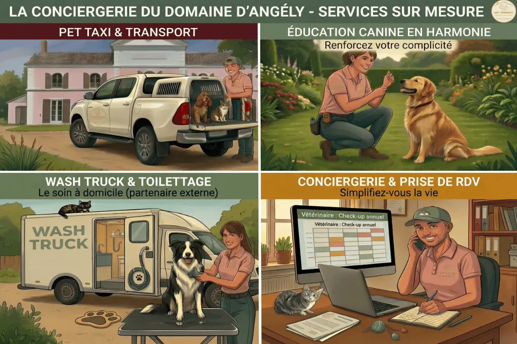 Infographie en quatre panneaux présentant les services du Domaine d'Angély : Pet Taxi avec un pickup blanc, éducation canine en extérieur, Wash Truck pour le toilettage à domicile, et un bureau de conciergerie pour la prise de rendez-vous vétérinaires.