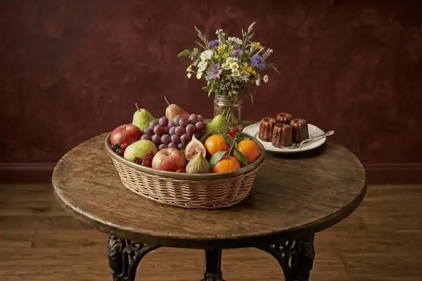 Corbeille en osier garnie de fruits de saison (raisins, pommes, poires, figues, clémentines) posée sur une table en bois avec une assiette de canelés et un bouquet de fleurs sauvages.