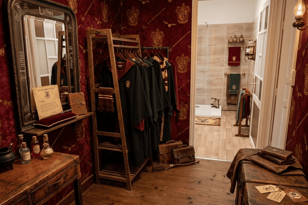 Vue de l'entrée privée de la suite insolite Harry Potter au Domaine d'Angély : papier peint rouge aux blasons de Poudlard, porte-habits en bois avec robes de sorciers, étagère avec flacons de potions, malle de voyage et balai, ouvrant sur une salle de bains thématique.
