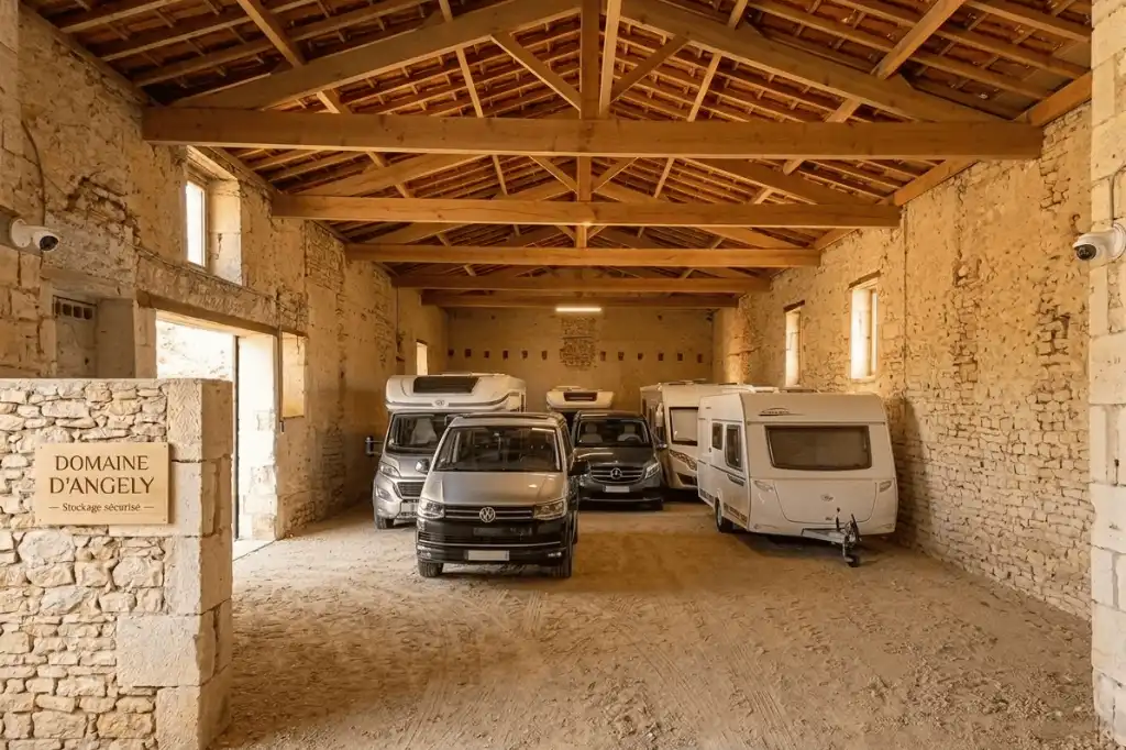 Intérieur d'un grand bâtiment en pierre avec charpente bois au Domaine d'Angély, abritant plusieurs camping-cars et caravanes en hivernage. On aperçoit des caméras de surveillance et une plaque 'Stockage sécurisé'.