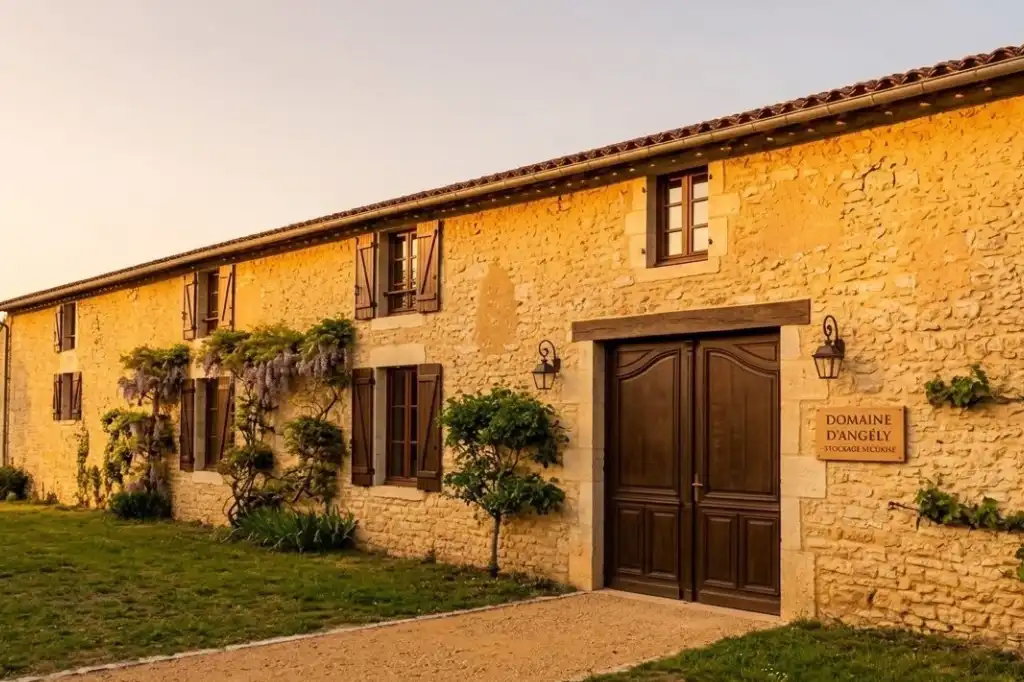 Façade en pierre charentaise du Domaine d'Angély avec glycines et volets en bois, sous une lumière dorée de fin de journée.