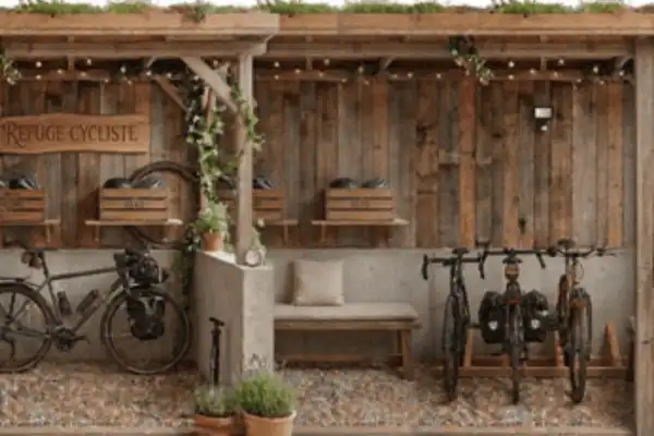 Abri à vélos en bois décoré au Domaine d'Angély, avec rangements individuels pour casques, pompe à pied, banc de repos et vélos de randonnée avec sacoches.