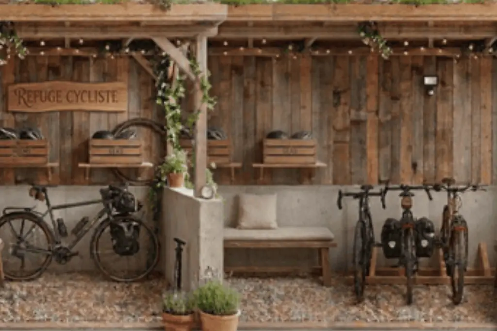 Espace de stationnement pour vélos couvert et sécurisé, avec des supports de fixation en métal, situé dans un jardin clos avec caméras de vidéo-surveillance visibles.