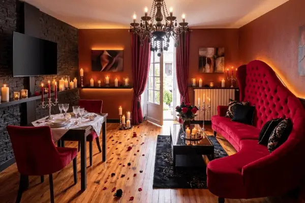 Rez-de-chaussée du gîte romantique au Domaine d'Angély : salon avec grand canapé en velours rouge, table dressée pour un dîner aux chandelles, pétales de roses sur parquet, lustre à pampilles et mur en pierre noire.