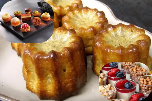 Un montage photo représentant des cannelés, des verrines et des petits fours sucrés.