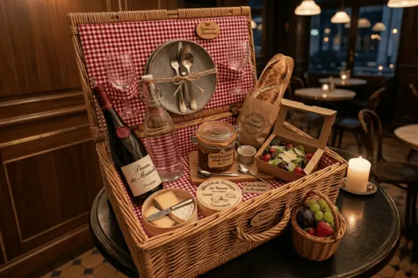 Panier de pique-nique gourmand pour le dîner au Domaine d'Angély, garni de vin local, bocaux artisanaux, fromages de pays, pain frais et fruits de saison.