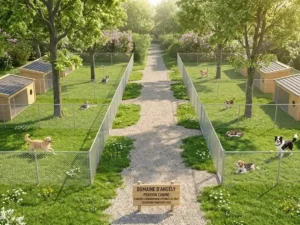Plan large en plongée de la pension canine du Domaine d'Angély, montrant une allée centrale en gravier desservant de chaque côté des boxes individuels en bois avec toits en ardoise, s'ouvrant chacun sur un grand parc de jeux herbeux clôturé. Plusieurs chiens de différentes races sont visibles s'amusant dans les parcs sous des arbres ombrageux.