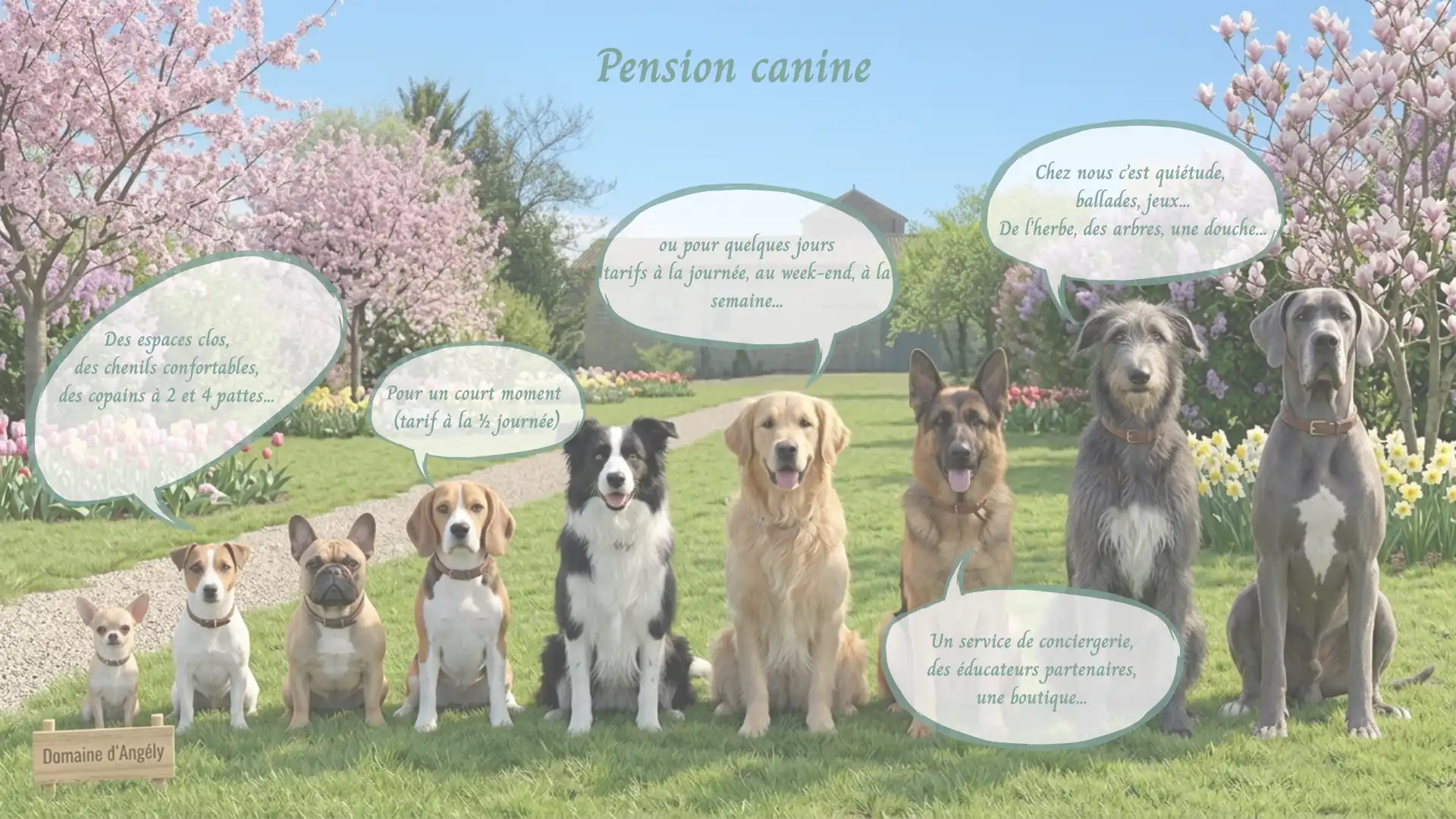 Montage photo de 9 chiens de tailles différentes alignés comme les frères Dalton dans Lucky Luke qui s'expriment à travers de bulles de textes.