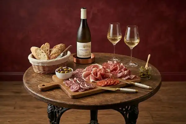 Planche de charcuterie artisanale (jambon cru, saucisson) servie avec une bouteille de vin blanc Sancerre, deux verres, des olives et une corbeille de pain frais sur une table ronde en bois.