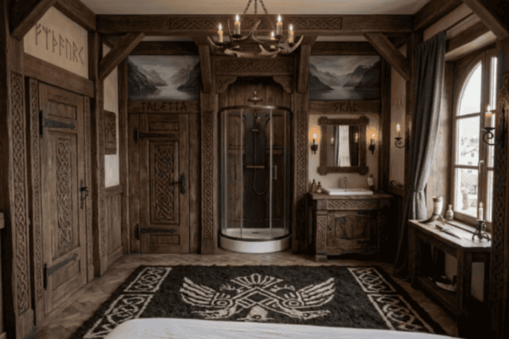 Salle de bains thématique Viking au Domaine d'Angély avec murs en bois sculptés, cabine de douche circulaire, meuble vasque artisanal, lustre en bois de cerf et tapis à motifs runiques.