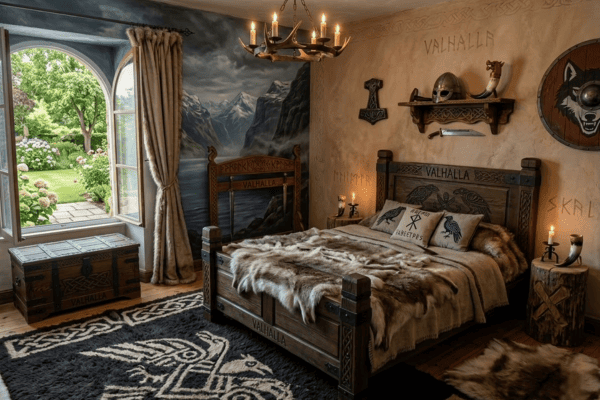 Chambre d'hôtes thématique Viking au Domaine d'Angély : lit en bois sculpté 'Valhalla' avec peaux de bêtes, fresque murale de fjord norvégien, lustre en bois de cerf, bouclier, hache et casque viking en décoration.