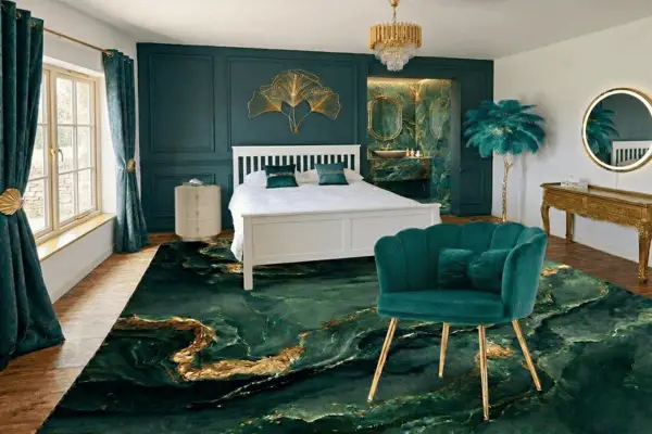 Vue d'ensemble de la suite Art Déco du Domaine d'Angély à Saint-Jean-d'Angély. On y voit un grand lit blanc king-size, un tapis vert émeraude à motifs de marbre doré, un fauteuil en velours coquillage, et un lustre en cristal doré. La chambre comprend une salle de bains ouverte.