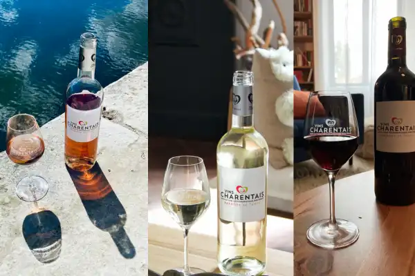 3 bouteilles de vin charentais (rosé, blanc et rouge), avec des verres.