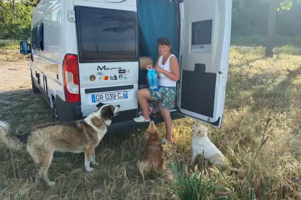 Florence, souriante à l'arrière d'un fourgon aménagé blanc en Grèce, distribuant des croquettes à trois chiens errants de tailles et couleurs différentes (un grand croisé beige et noir, un petit roux et un blanc). Les chiens attendent patiemment devant les portes ouvertes du van. Scène de solidarité animale en plein air lors d'un roadtrip européen.